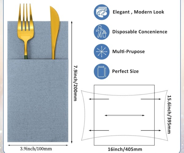 Dusty Blue Airlaid Napkins Linen Feel Dinner Cutlery Pocket Napkins for Wedding Restaurant Bar Event